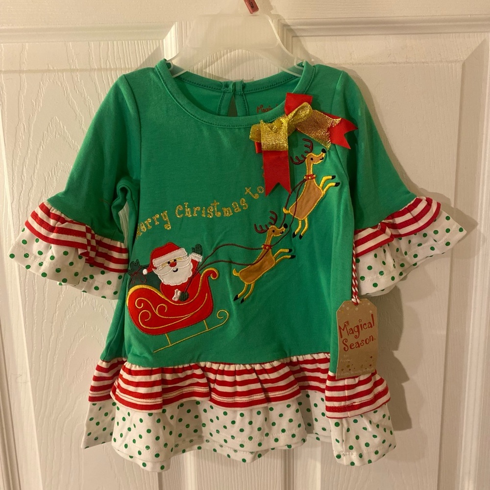 Girls Christmas Dress, Santa Claus On Sled With Reindeer Ruffled Dress